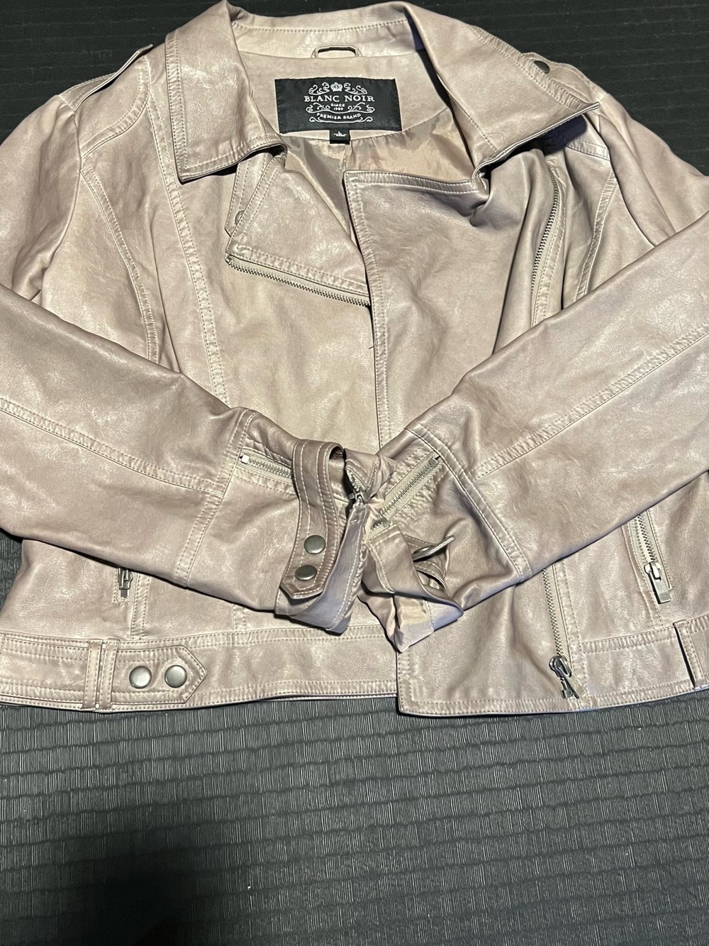 blanc noir Taupe Leather Moto Jacket with Zip Details